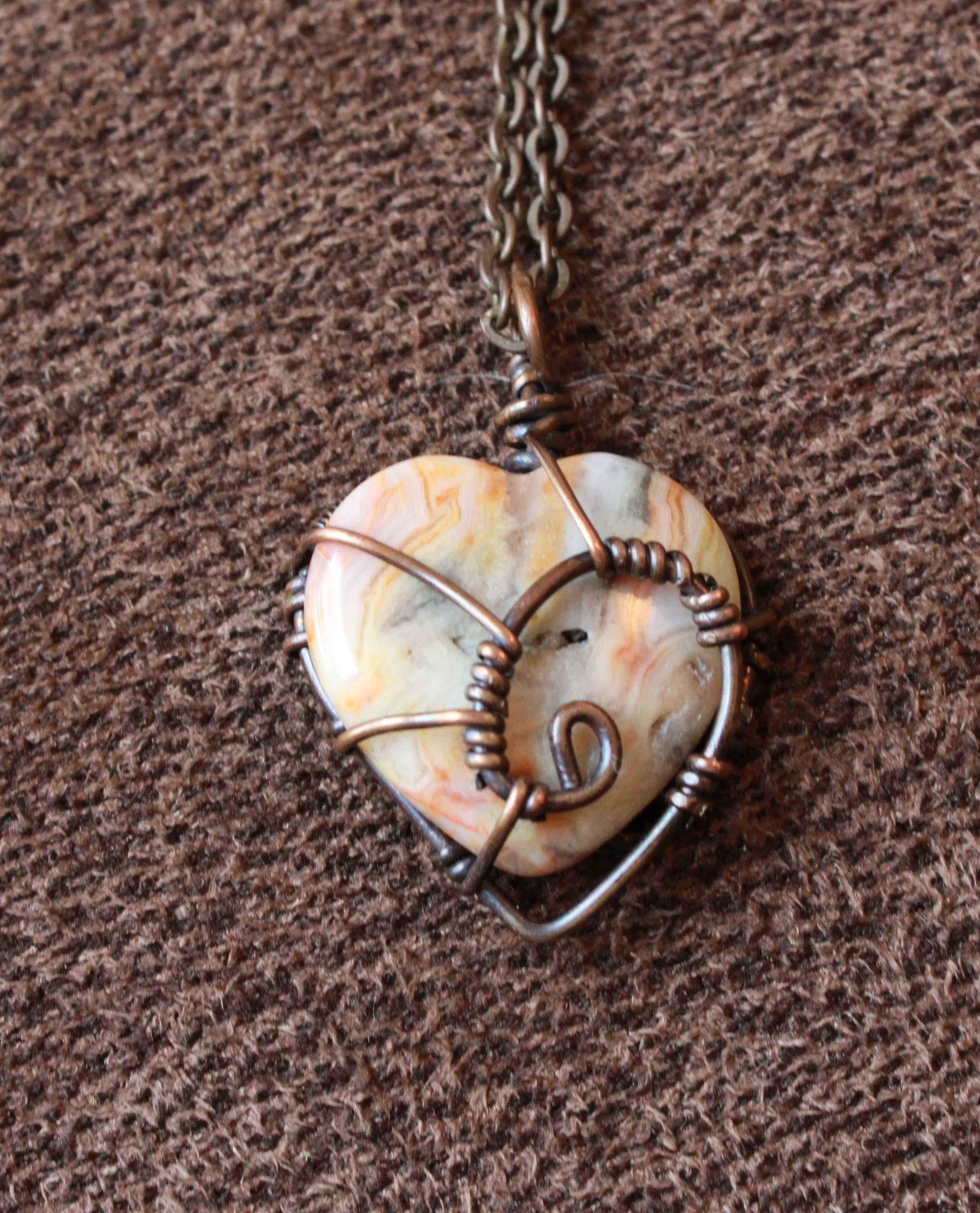 Crazy Agate Heart Pendants | Hand-Wrapped Copper Wire | Little Stone Raven