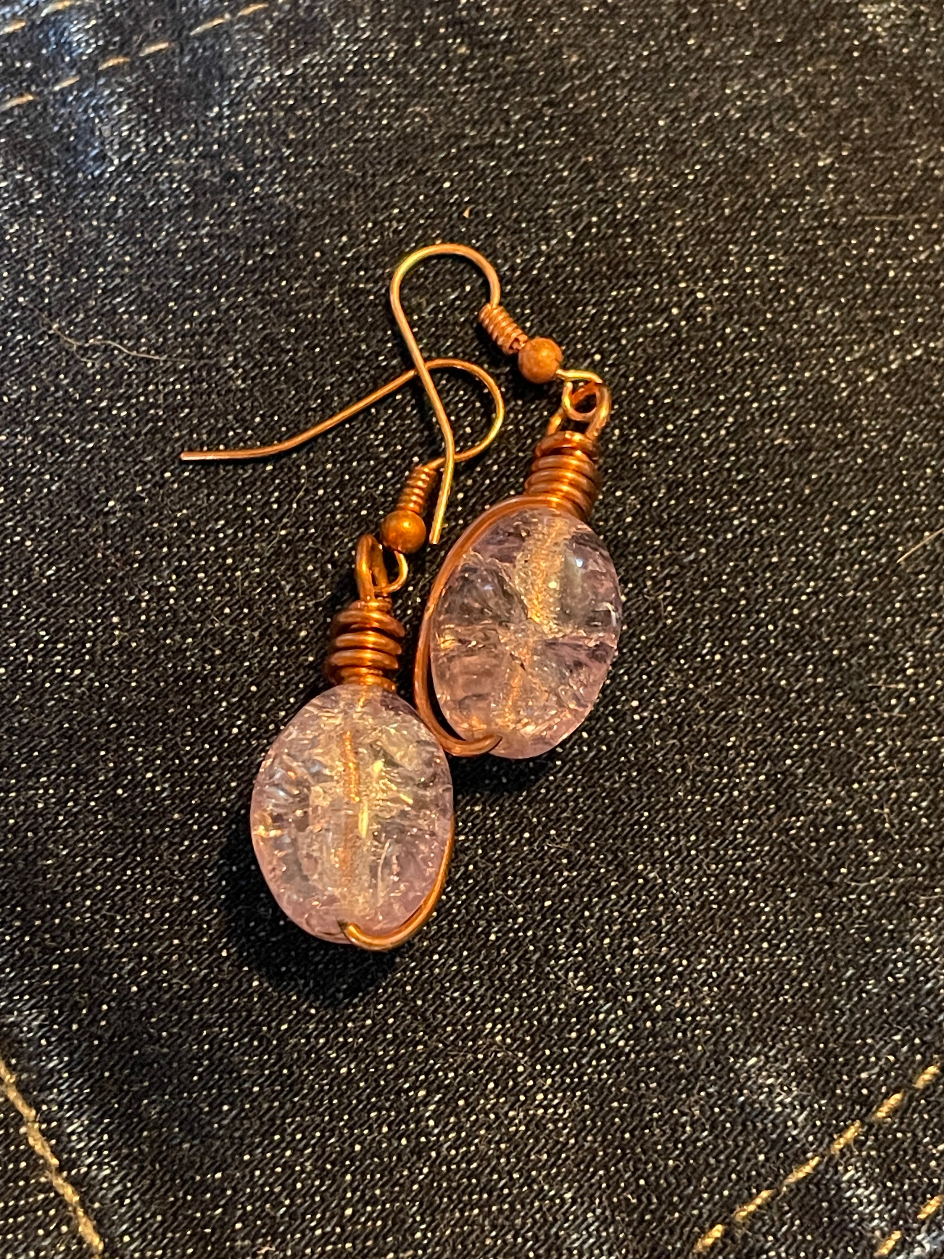 Cracked Glass Bead Earrings | Hand-Wrapped Copper Wire | Little Stone Raven