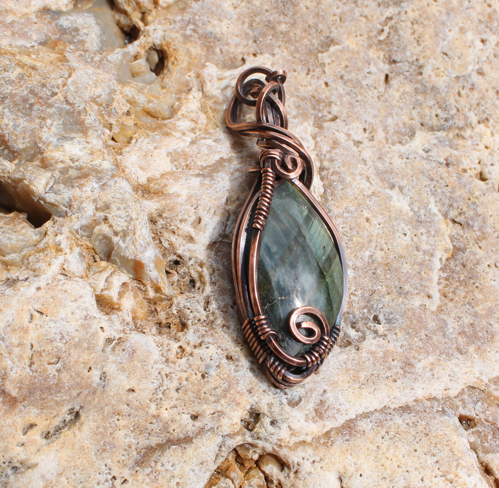 Striped Labradorite Pendant | Hand-Wrapped Copper Wire | Little Stone Raven