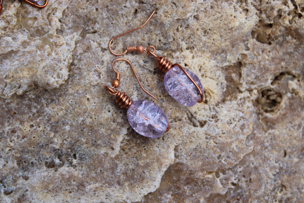 Cracked Glass Bead Earrings | Hand-Wrapped Copper Wire | Little Stone Raven