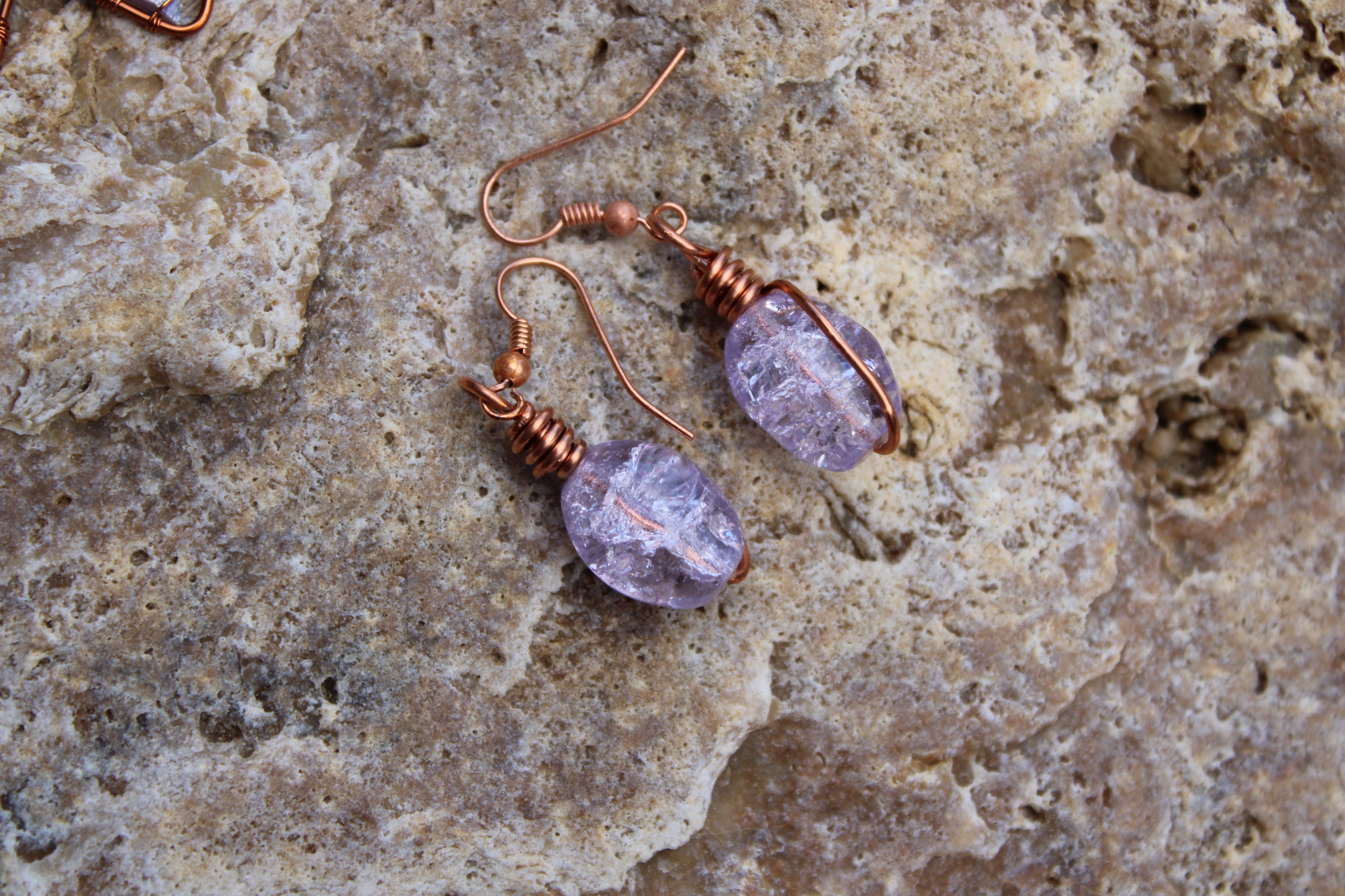 Cracked Glass Bead Earrings | Hand-Wrapped Copper Wire | Little Stone Raven