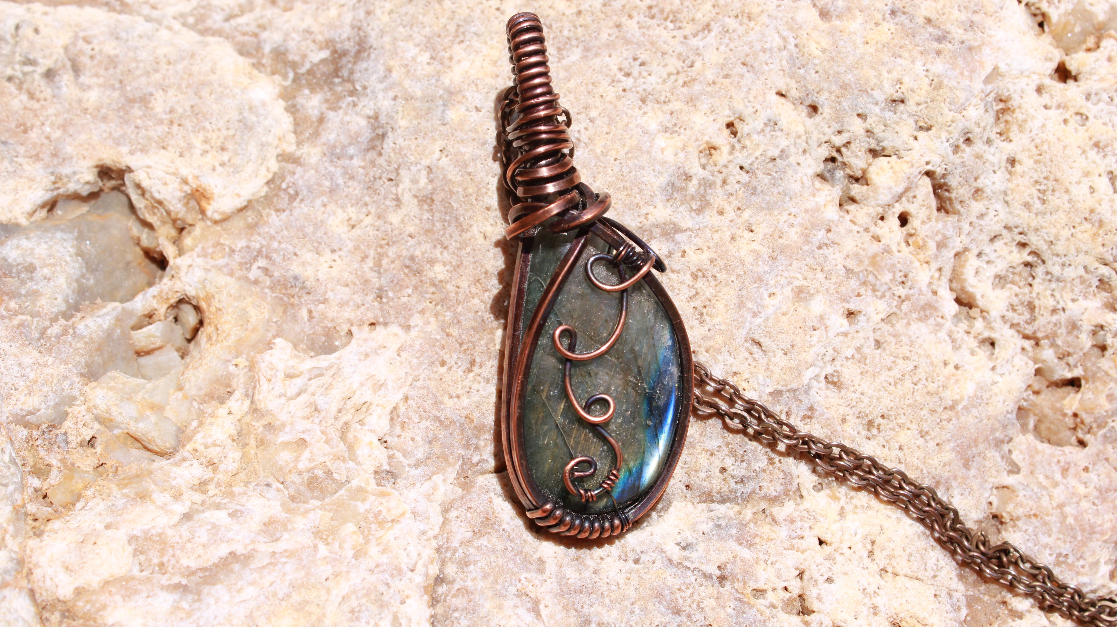 Labradorite Pendant with Swirled Detail | Hand-Wrapped Copper Wire | Little Stone Raven