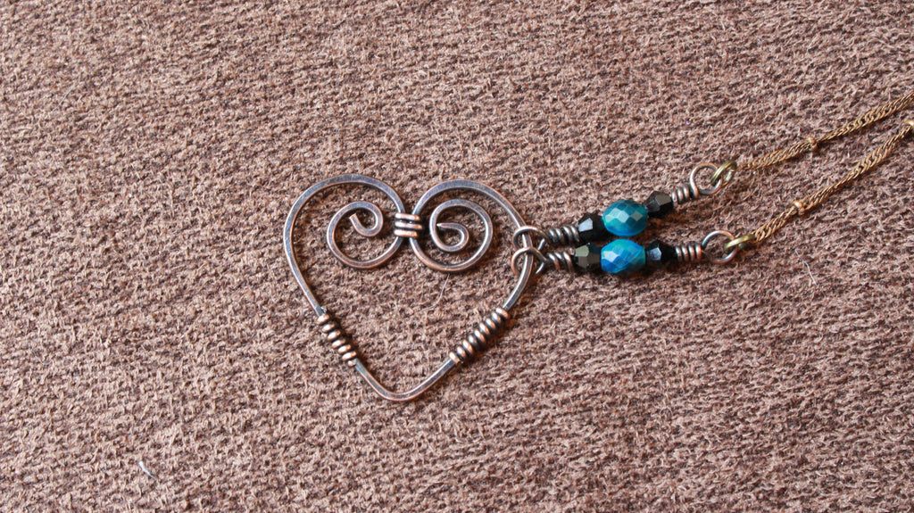 Copper Heart with blue beads | Hand-Wrapped Copper Wire | Little Stone Raven