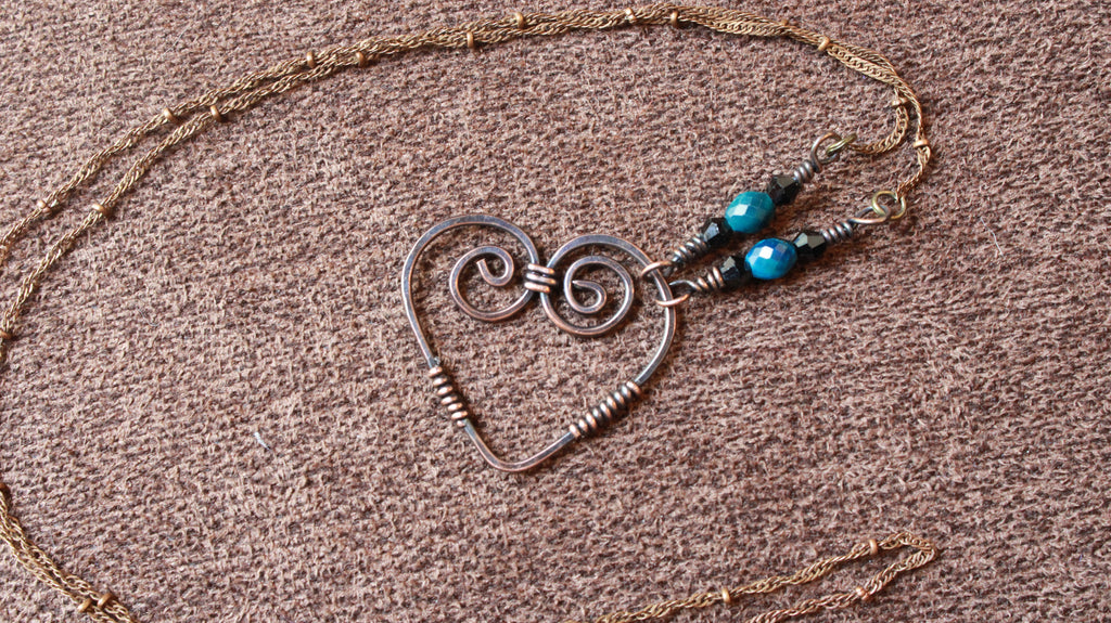 Copper Heart with blue beads | Hand-Wrapped Copper Wire | Little Stone Raven