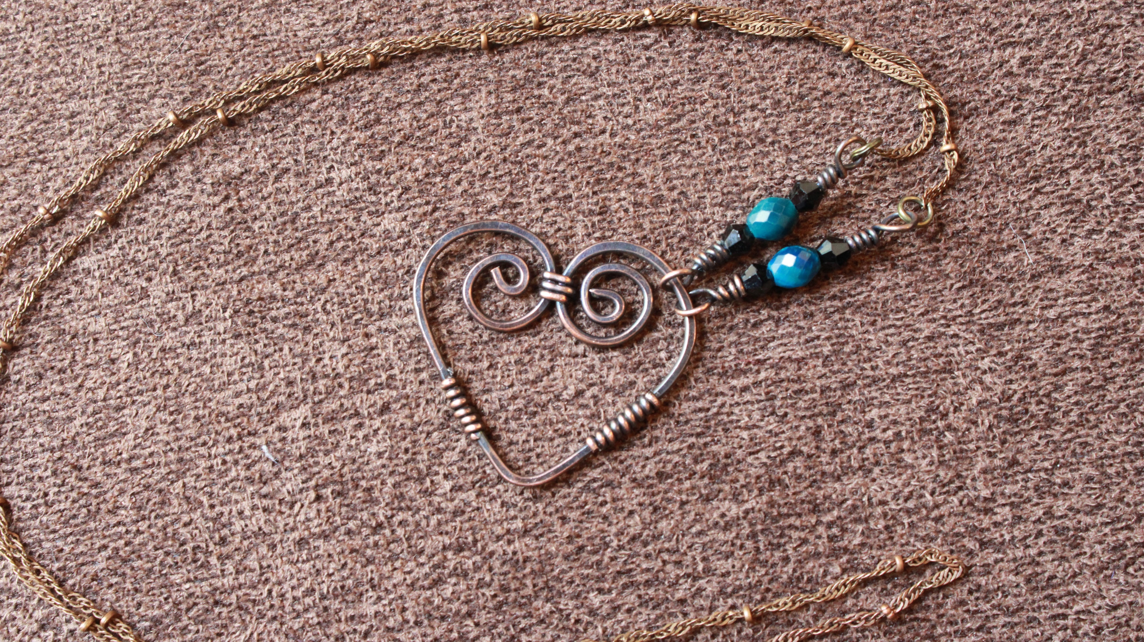 Copper Heart with blue beads | Hand-Wrapped Copper Wire | Little Stone Raven