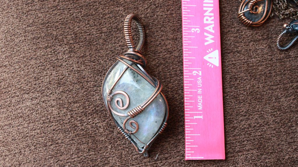 Large Grey Labradorite Pendant | Hand-Wrapped Copper Wire | Little Stone Raven