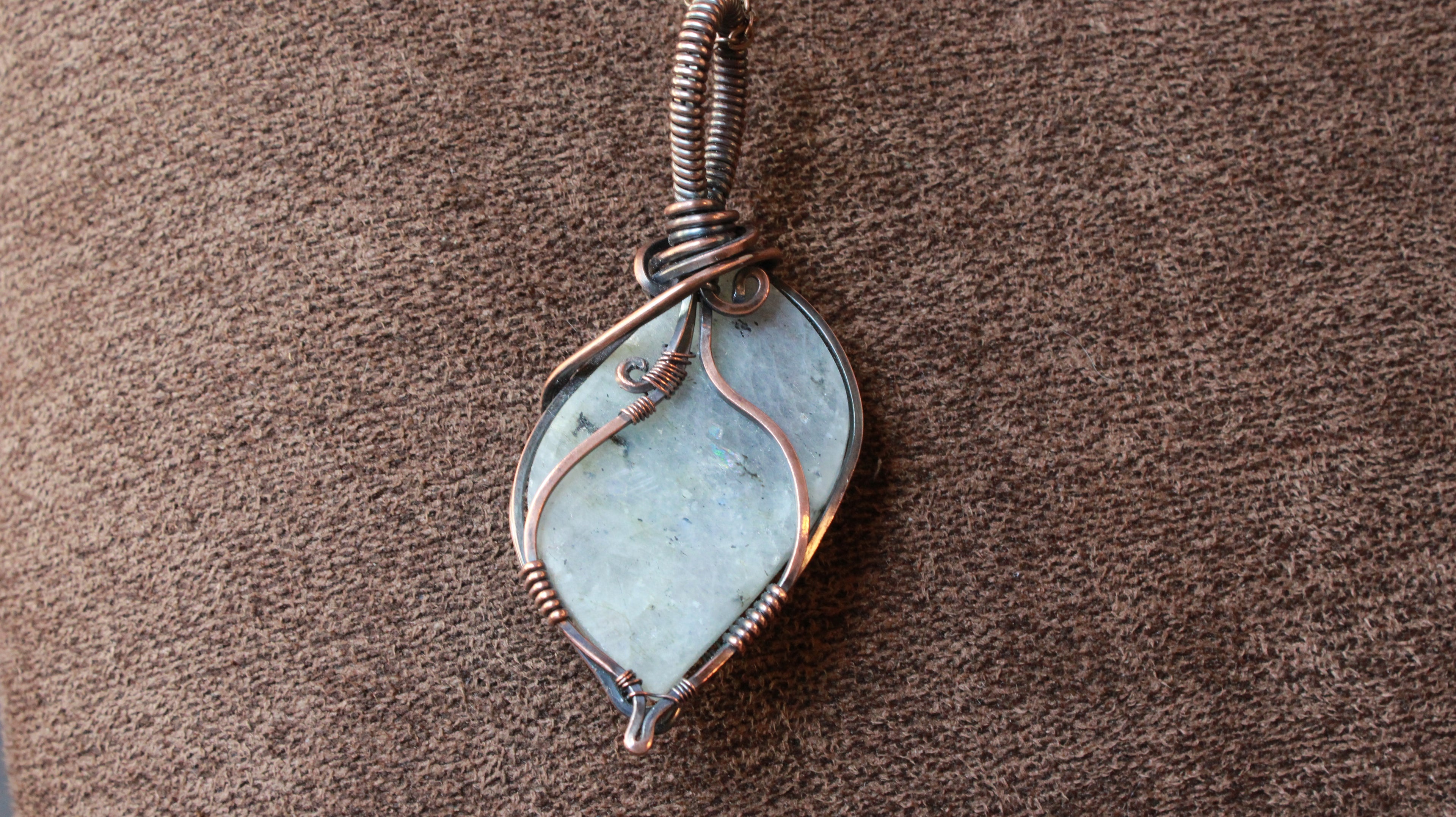 Large Grey Labradorite Pendant | Hand-Wrapped Copper Wire | Little Stone Raven