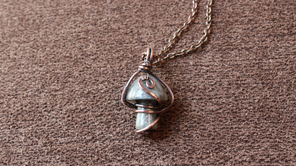 Labradorite Mushroom Pendant | Hand-Wrapped Copper Wire | Little Stone Raven