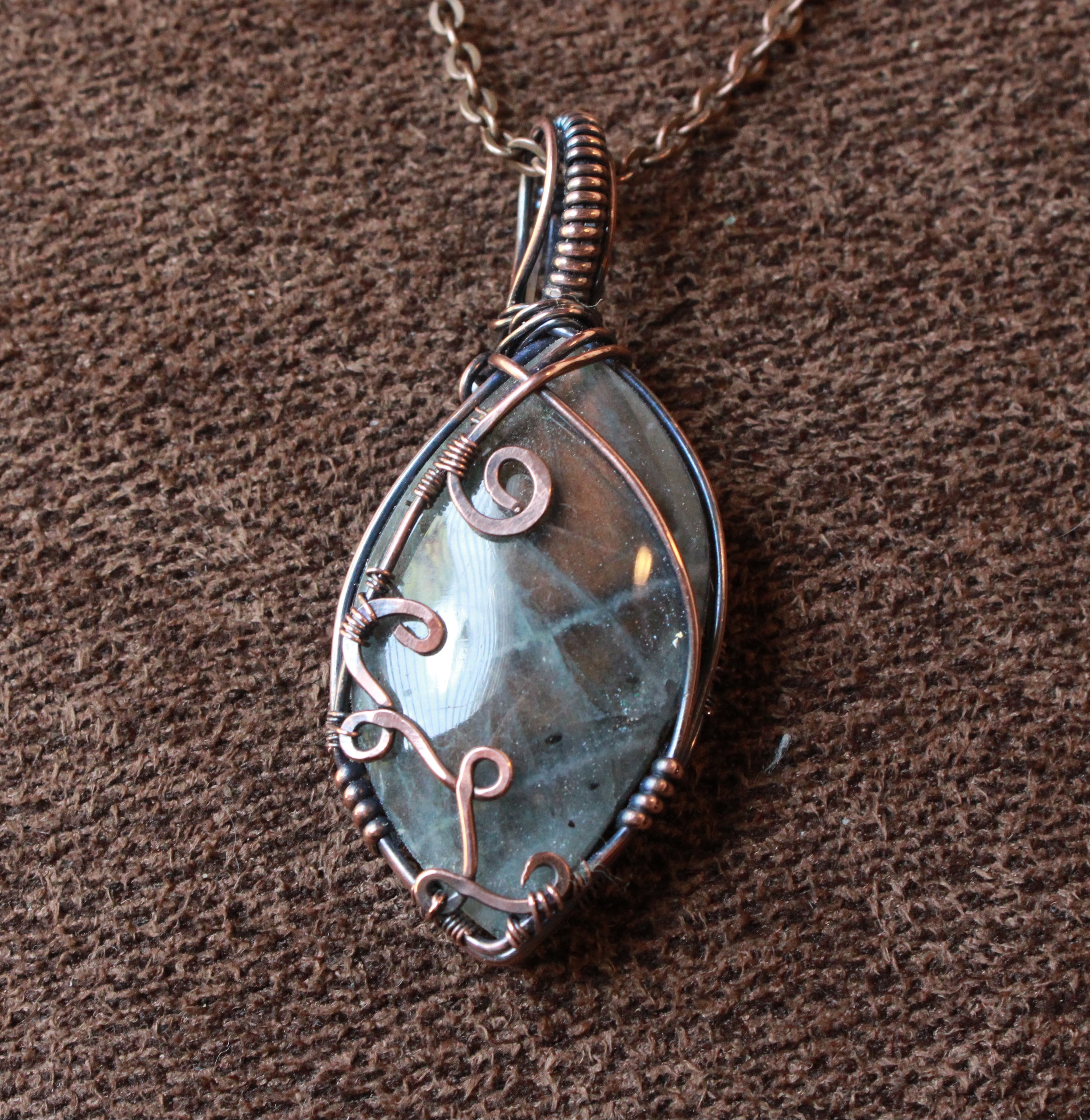 Purple Labradorite Pendant with Swirled Detail| Hand-Wrapped Copper Wire | Little Stone Raven