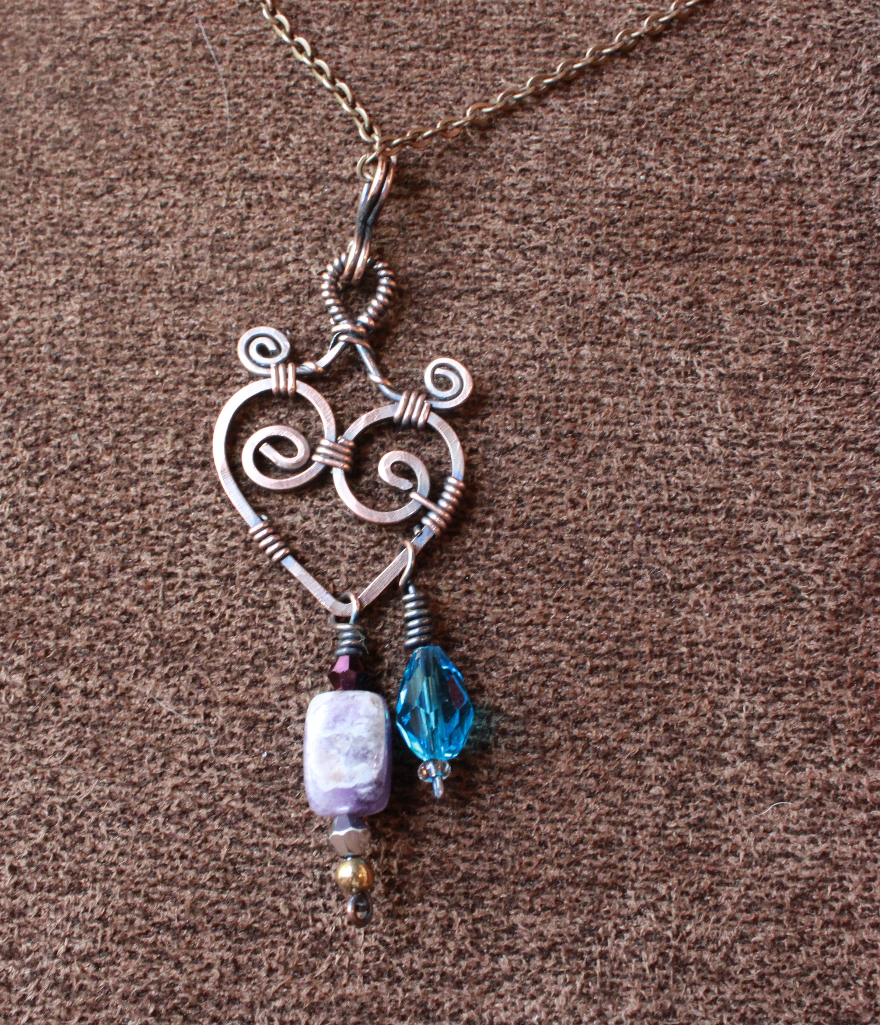 Heart with Amethyst and Glass Beads | Hand-Wrapped Copper Wire | Little Stone Raven