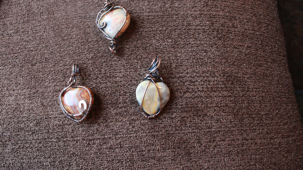 Crazy Agate Heart Pendants | Hand-Wrapped Copper Wire | Little Stone Raven