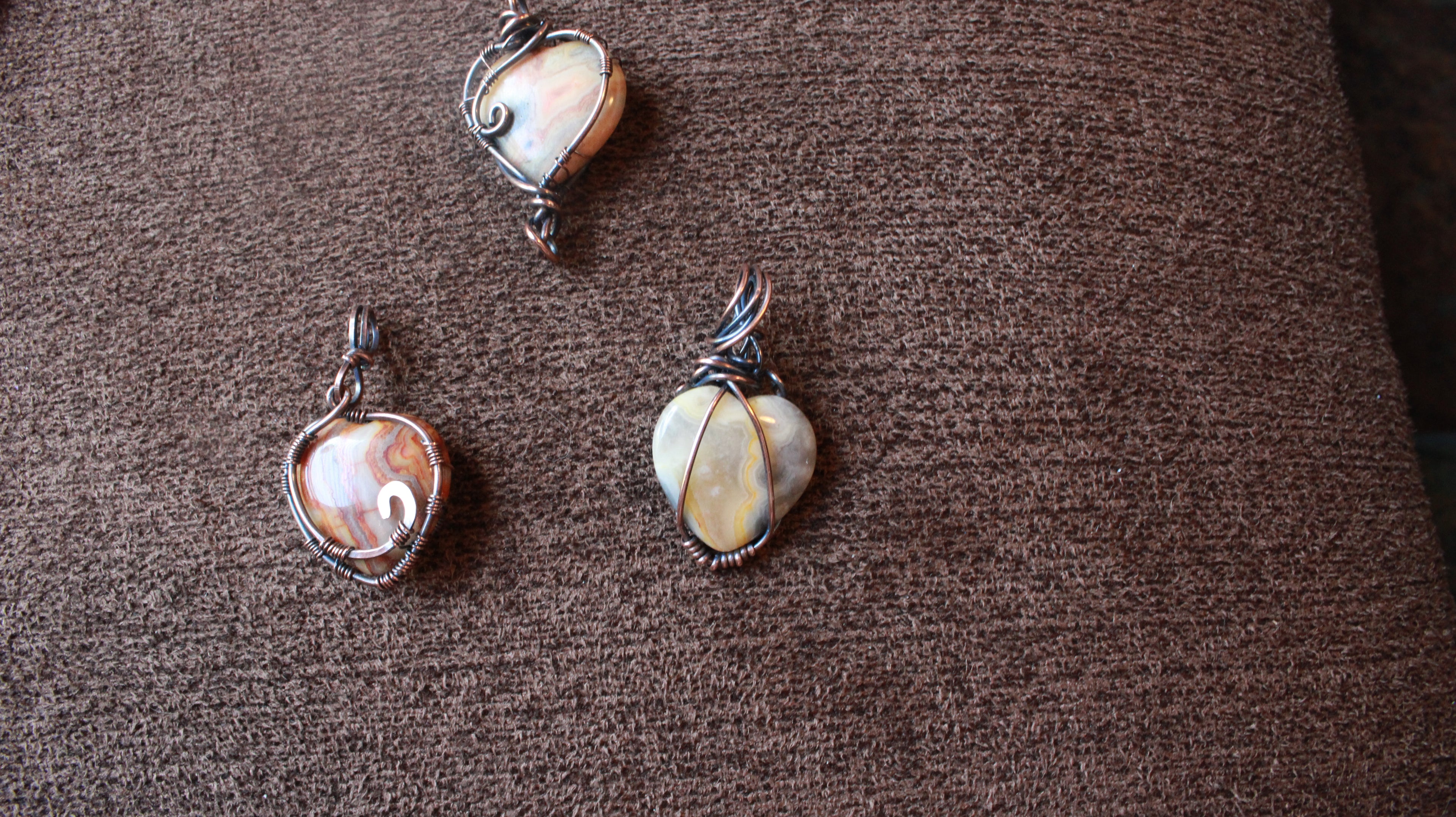 Crazy Agate Heart Pendants | Hand-Wrapped Copper Wire | Little Stone Raven